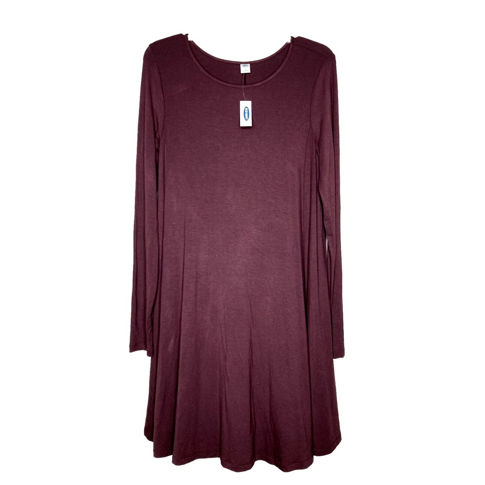 OLD NAVY Dress Women Size Medium Long Sleeve Trapezeβ Swing Maroon Scoop Neck